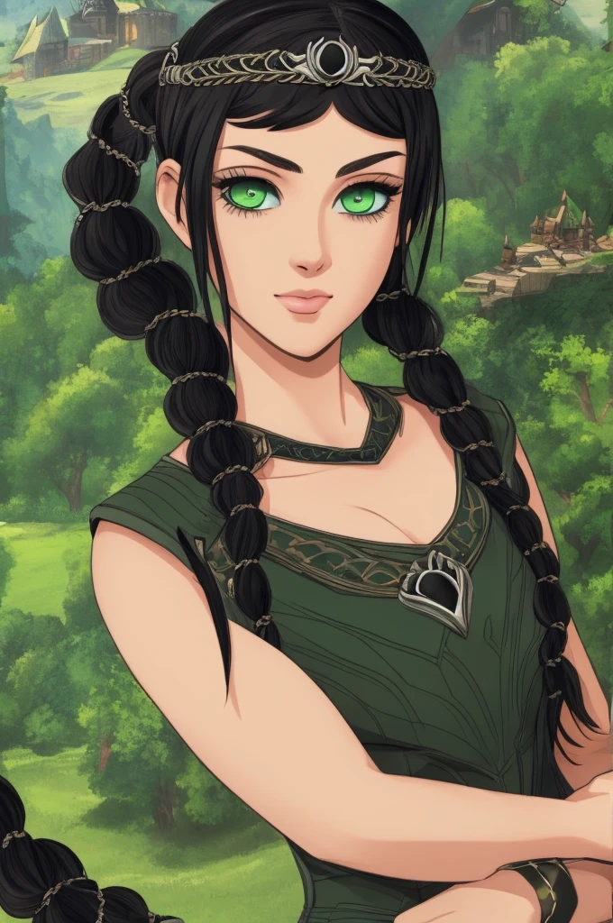 (masterpiece, best quality), 1girl, shadowheart, black hair, braided ponytail, green eyes, circlet, black pants, closeup, sketch, looking at viewer, ((green eyes)),(fantasy village on background),