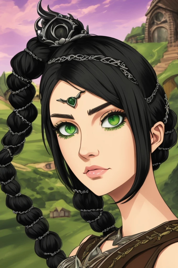 (masterpiece, best quality), 1girl, shadowheart, black hair, braided ponytail, green eyes, circlet, black pants, closeup, sketch, looking at viewer, ((green eyes)),(fantasy village on background),