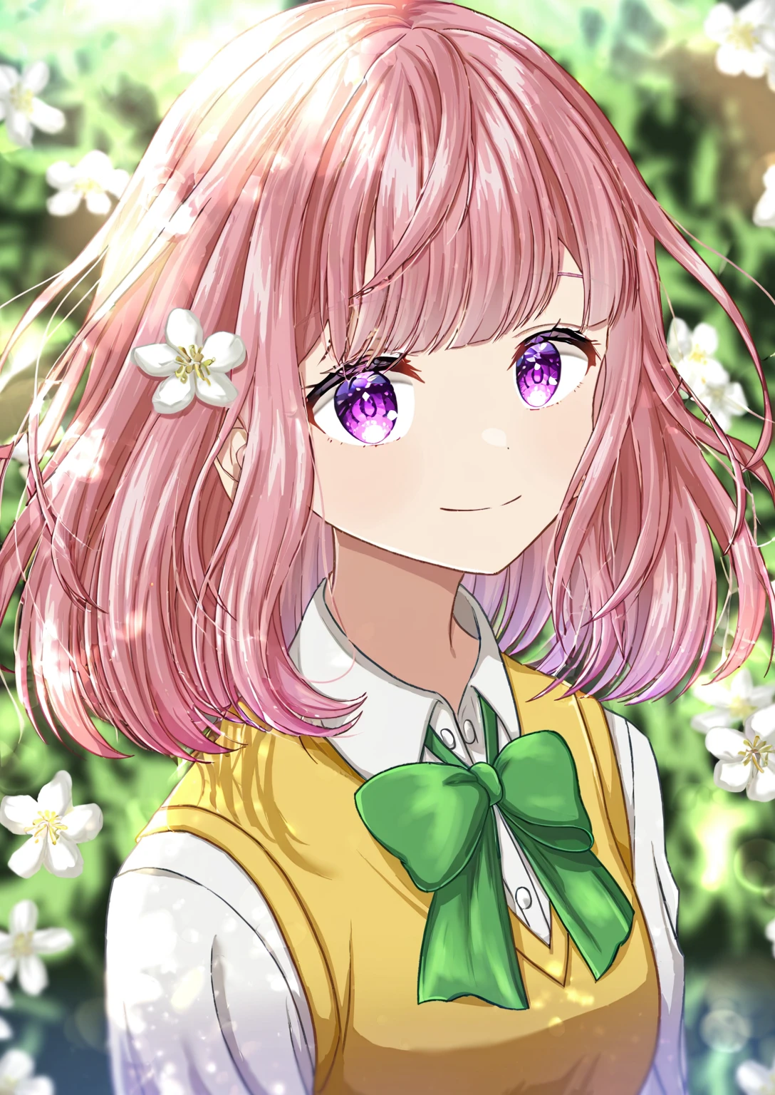 A highly detailed anime-style portrait of a cute young girl with short pink hair and large purple eyes. She has bangs and two small white flowers in her hair. The girl is smiling sweetly with a playful expression. She is wearing a yellow  vest over a white shirt with a large green bow tie. The background is simple and blurred to focus on the character. The style should be highly detailed with vibrant colors and soft shading.
,Anime, highly detailed, vibrant colors, soft shading