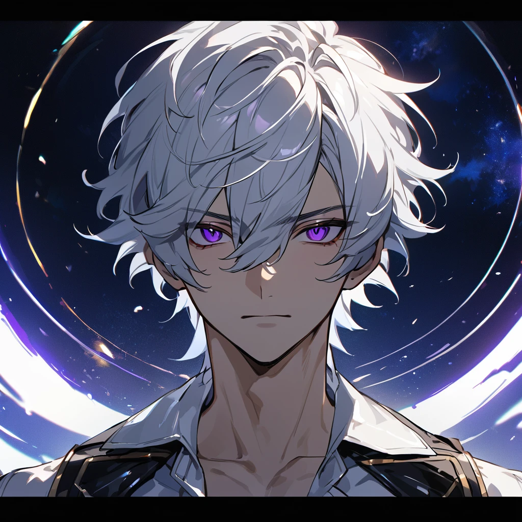 High quality, HD, 4k, no shadows, handsome male, 1male, 17 years old, teenager, golden lining, short white hair, sharp eyes, dark purple eyes, deep purple eyes, devil may cry, close up, calm expression, stoic expression, black leather clothes, white leather clothing, lean body, well trained body, upper body, looking at viewer, cowboy shot, white solar, space background