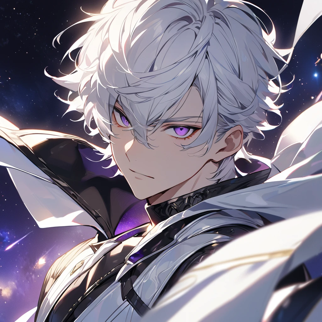 High quality, HD, 4k, no shadows, handsome male, 1male, , teenager, go lining, short white hair, sharp eyes, dark purple eyes, deep purple eyes, devil may cry, close up, calm expression, stoic expression, black leather clothes, white leather clothing, lean body, well trained body, upper body, looking at viewer, cowboy shot, white solar, space background