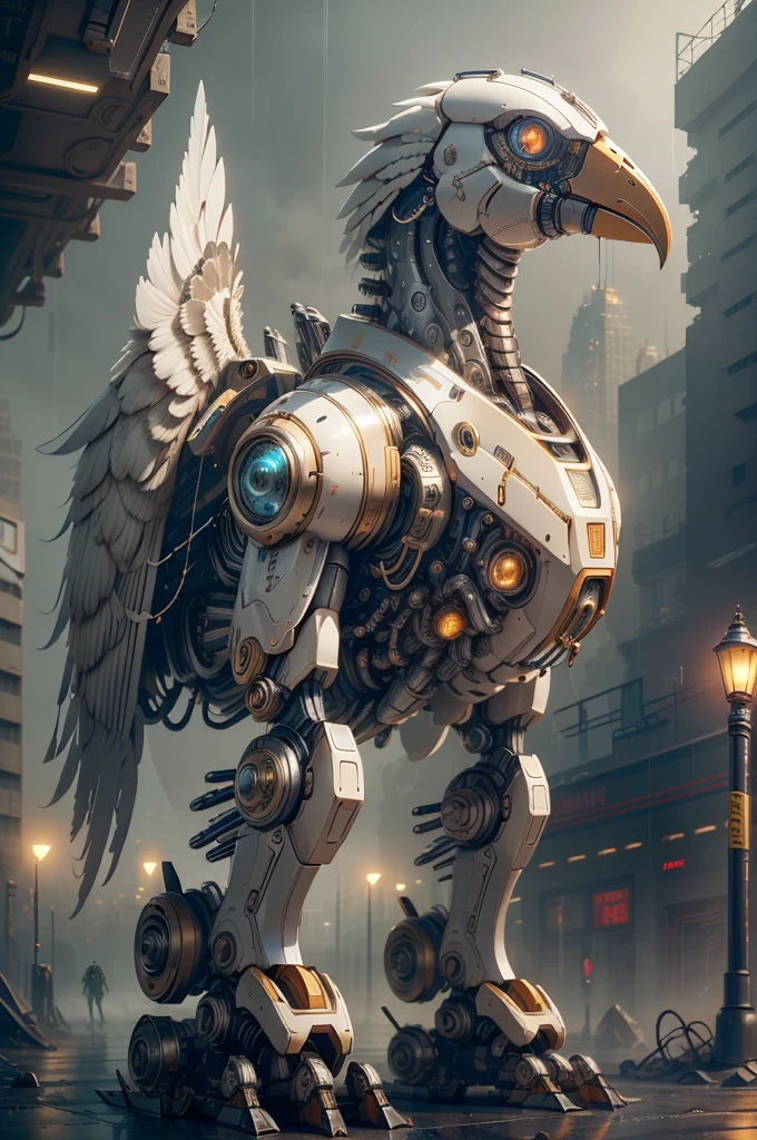 (Best quality, A high resolution, Ultra-detailed), Robot bird-headed robot, Mechanical, Futuristic, Metallic, glowing light eyes, sharp beak, Joint movements, industrial design, Rain-soaked streets, dystopian city, atmospheric fog, Cinematic, Atmospheric lighting,