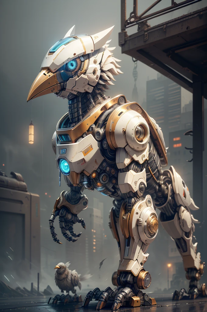 (Best quality, A high resolution, Ultra-detailed), Robot bird-headed robot, Mechanical, Futuristic, Metallic, glowing light eyes, sharp beak, Joint movements, industrial design, Rain-soaked streets, dystopian city, atmospheric fog, Cinematic, Atmospheric lighting,