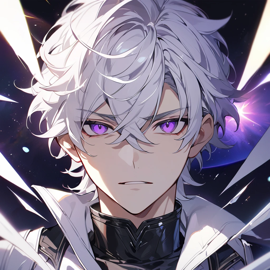 High quality, HD, 4k, no shadows, handsome male, 1male, 17 years old, teenager, golden lining, short white hair, sharp eyes, dark purple eyes, deep purple eyes, devil may cry, close up, calm expression, stoic expression, black leather clothes, white leather clothing, lean body, well trained body, upper body, looking at viewer, cowboy shot, white solar, space background