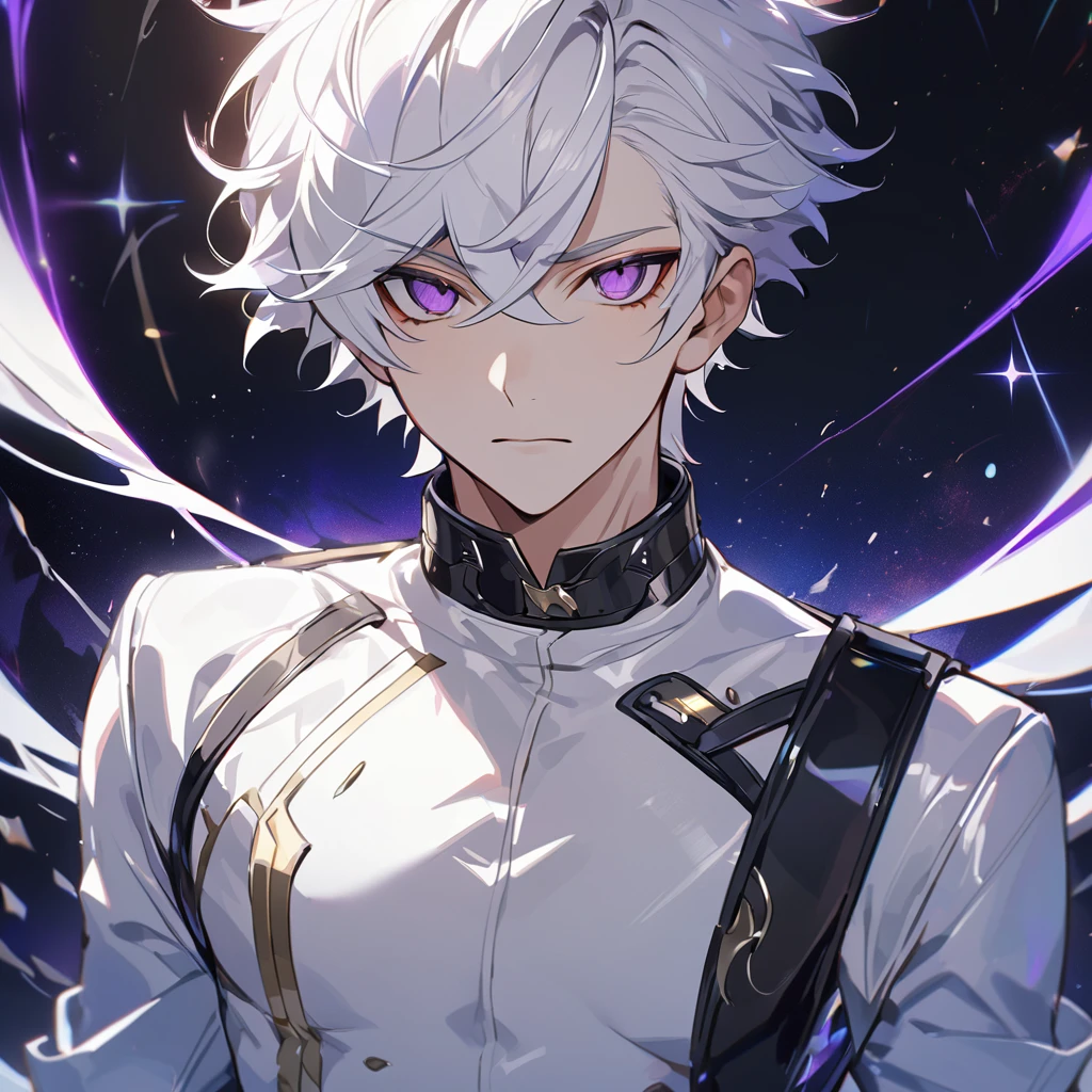 High quality, HD, 4k, no shadows, handsome male, 1male, , teenager, go lining, short white hair, sharp eyes, dark purple eyes, deep purple eyes, devil may cry, close up, calm expression, stoic expression, black leather clothes, white leather clothing, lean body, well trained body, upper body, looking at viewer, cowboy shot, white solar, space background