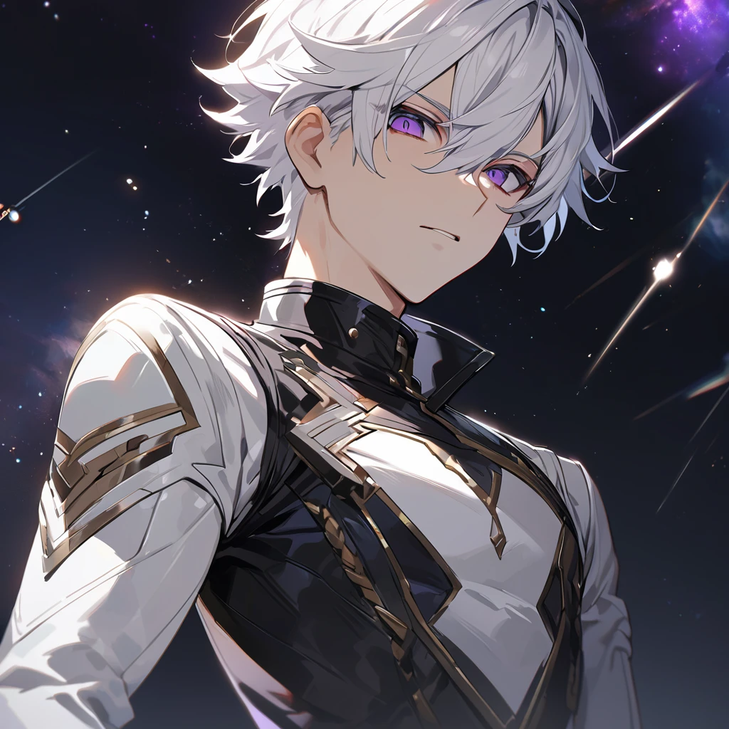 High quality, HD, 4k, no shadows, handsome male, 1male, 17 years old, teenager, golden lining, short white hair, sharp eyes, dark purple eyes, deep purple eyes, devil may cry, close up, calm expression, stoic expression, black leather clothes, white leather clothing, lean body, well trained body, upper body, looking at viewer, cowboy shot, white solar, space background