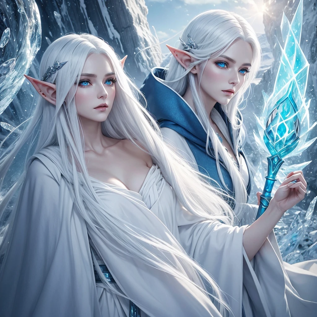 A female elf with white hair, blue eyes, beauty face, white skin. Wearing grand and elegant cloak, holding ancient wand. Her hair covering one of her eyes and icy gaze.