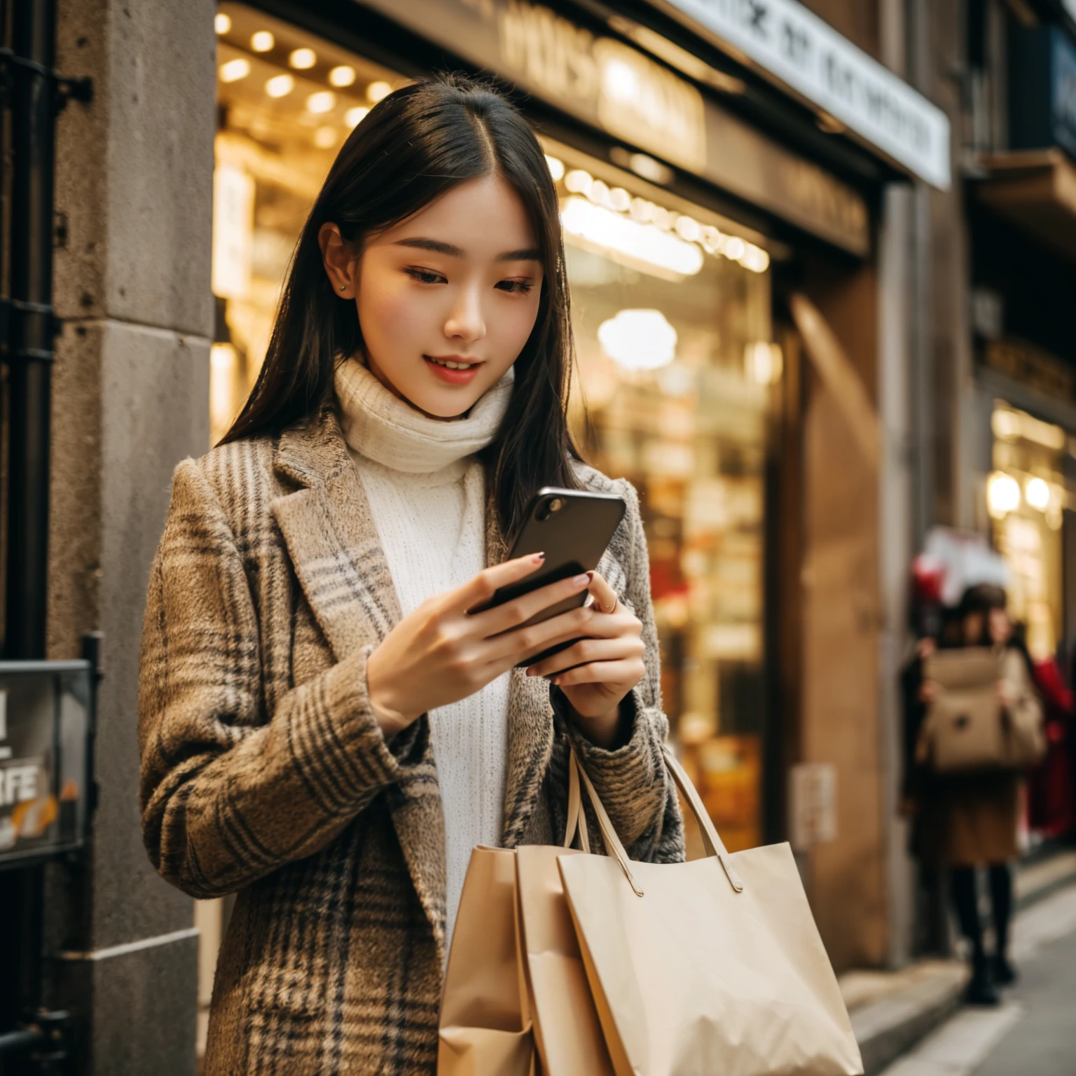 araffe Miss in a coat looking at her phone while walking down the street, Check her phone, Check her phone, She holds a smartphone, scanning items with smartphone, Miss, a young asian Miss, In the surroundings, shutter, young asian Miss, Hot ,, author:Joe Bowler, Exit the store, customer, chinese Miss, author:Matt Cavotta