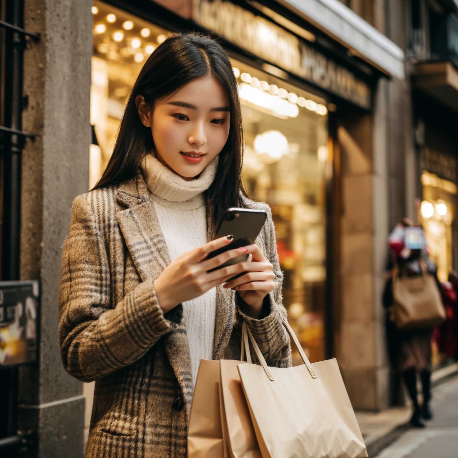 araffe Miss in a coat looking at her phone while walking down the street, Check her phone, Check her phone, She holds a smartphone, scanning items with smartphone, Miss, a young asian Miss, In the surroundings, shutter, young asian Miss, Hot ，, author：Joe Bowler, Exit the store, customer, chinese Miss, author：Matt Cavotta