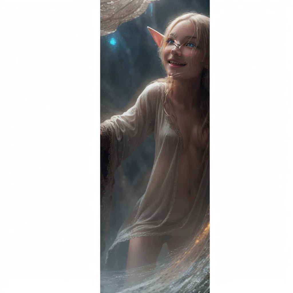 Complete and real image. Beautiful elf, similar to a , with big eyes, smiles mischievously and curiously, wears loose clothing, and has iridescent wings. Photorealism, full view, highly detailed image, very realistic, hyperrealism, Ultra HD, 8k, 5, sharp focus, intricate and mysterious masterpiece. (Long exposure photography Highly detailed close-up portrait art illustration: final quality, medium shot, backlit, Rich and eye-catching. Enigmatic and mysterious manipulations (composition of the rule of thirds), ((detailed environment with strong lines) The best quality, in camera, white light, warm and clean aesthetics, dazzling screen composed of millions of brilliant ultraviolet rays, HDR.