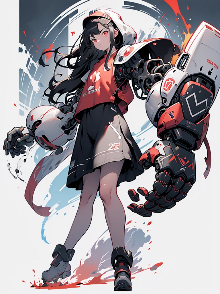 long hair, mushroom hair, black hair, Red eye, white dress, full body, mechanical right arm, mechanical left leg