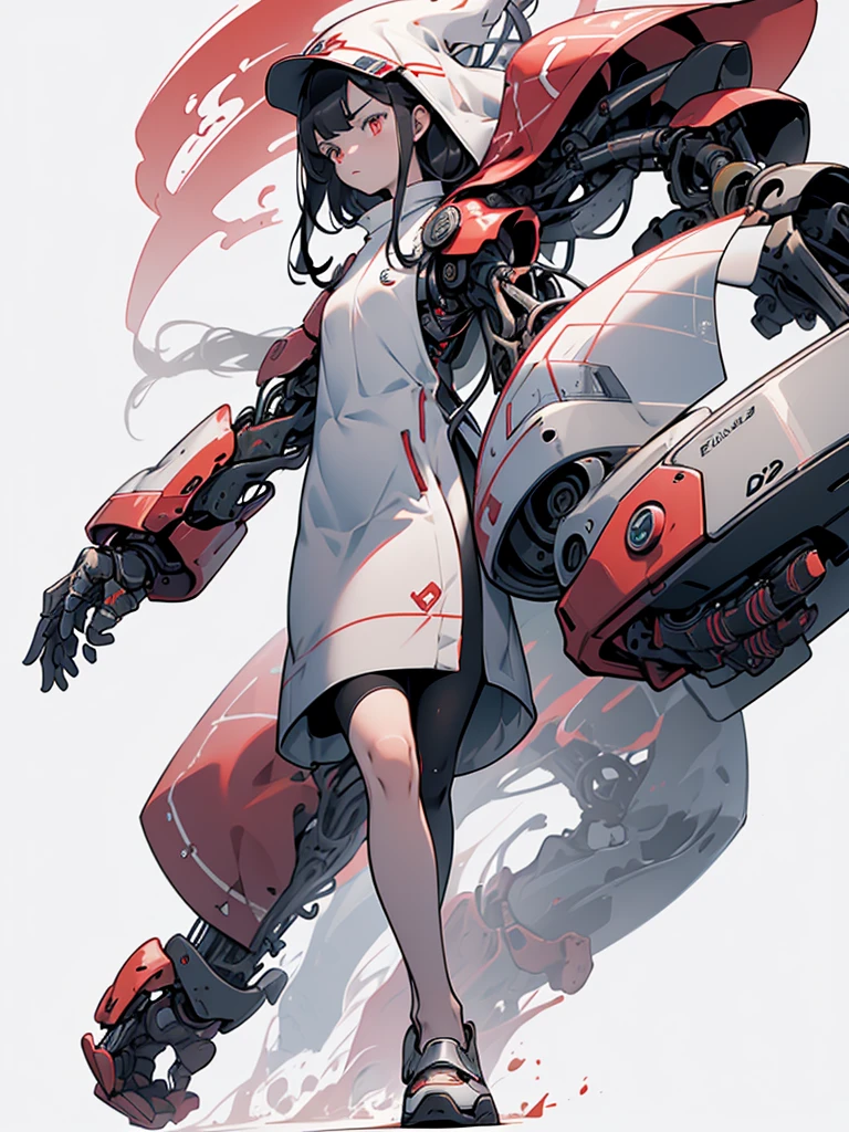 long hair, mushroom hair, black hair, Red eye, white dress, full body, mechanical right arm, mechanical left leg