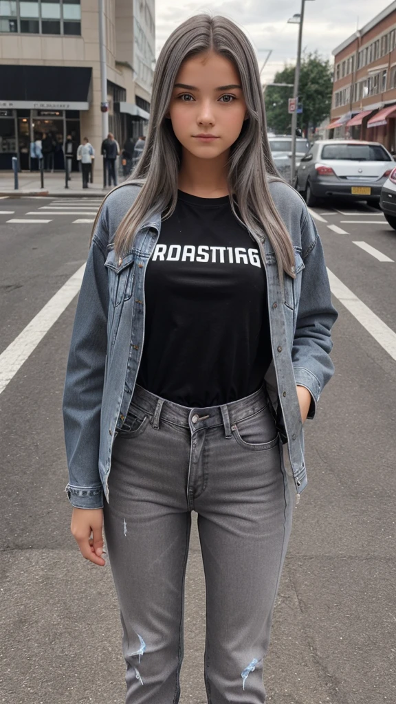 Make a photo of a  smart girl wearing half jeans, t-shirt and jacket with long gray hair in front The girl in the photo is strigh standing and looking at the front