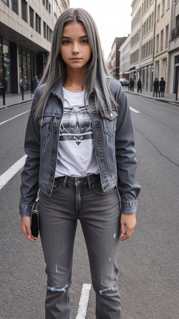 Make a photo of a 14 year old smart girl wearing half jeans, t-shirt and jacket with long gray hair in front The girl in the photo is strigh standing and looking at the front