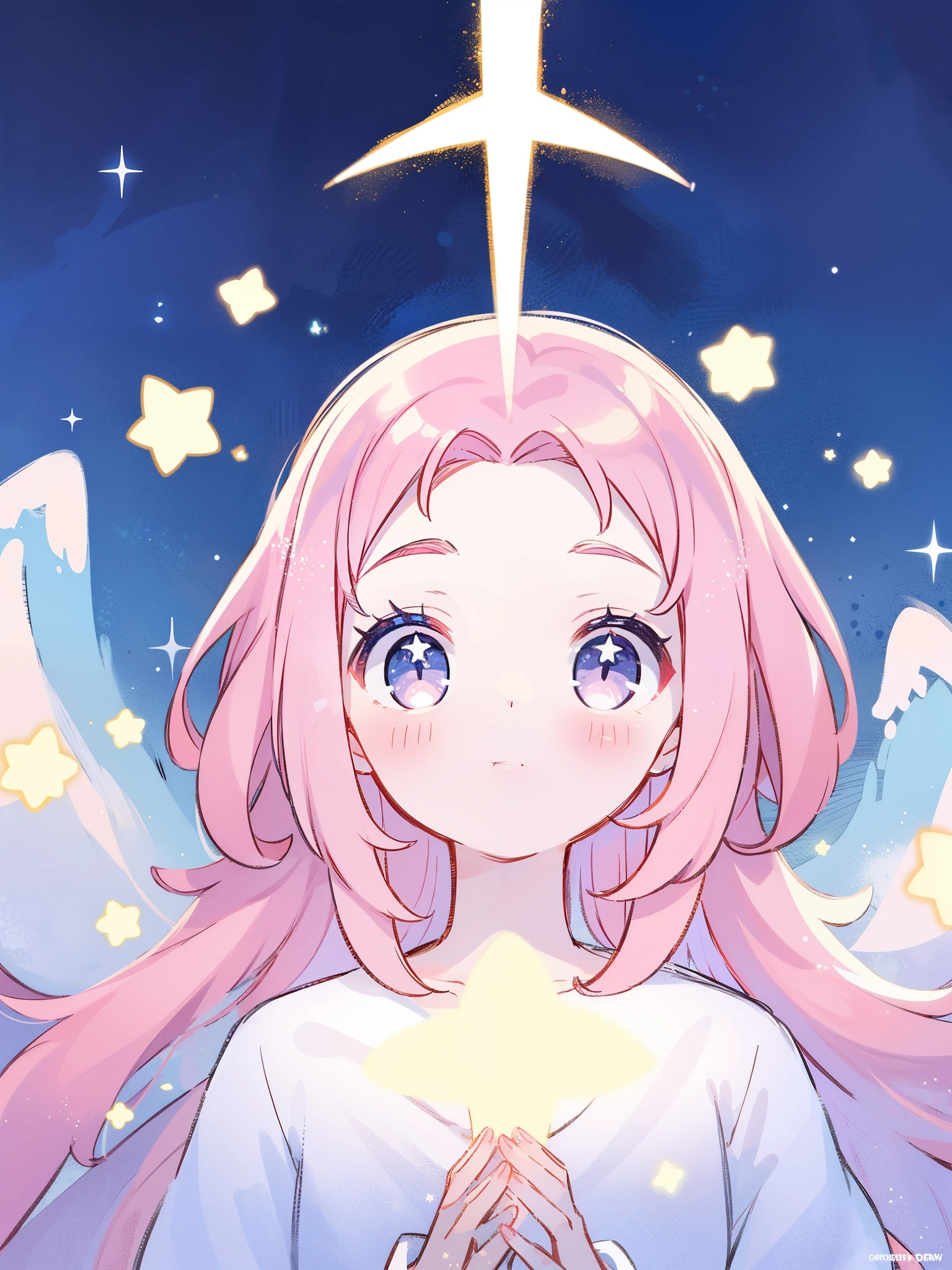 complex background, wishing star background, magical girl wearing an ethereal mystical pink translucent dress that reflects the stars, close up, sparkling detailed eyes, golden ratio face, perfect composition, perfume promo art, mystic, complex drawing, highly detailed, Covergirl brand, promo art, artistic rendition, ethereal, starry night, midjourney style