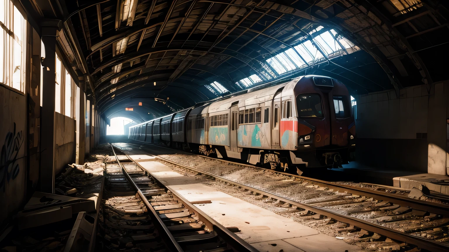 Dramatic lighting, chiaroscuro, an abandoned train in a fflooded metro station, deserted, graffiti, rubble 
