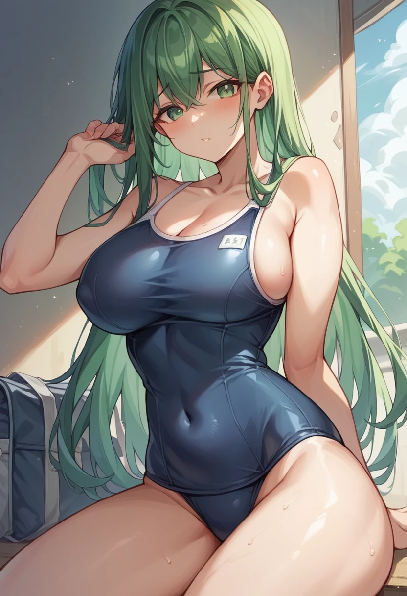 masterpiece、Highest quality、Best image quality、High resolution、Big Breasts、Black school swimsuit、Muji school swimsuit、Green Hair、Shortcuts、Green Eyes