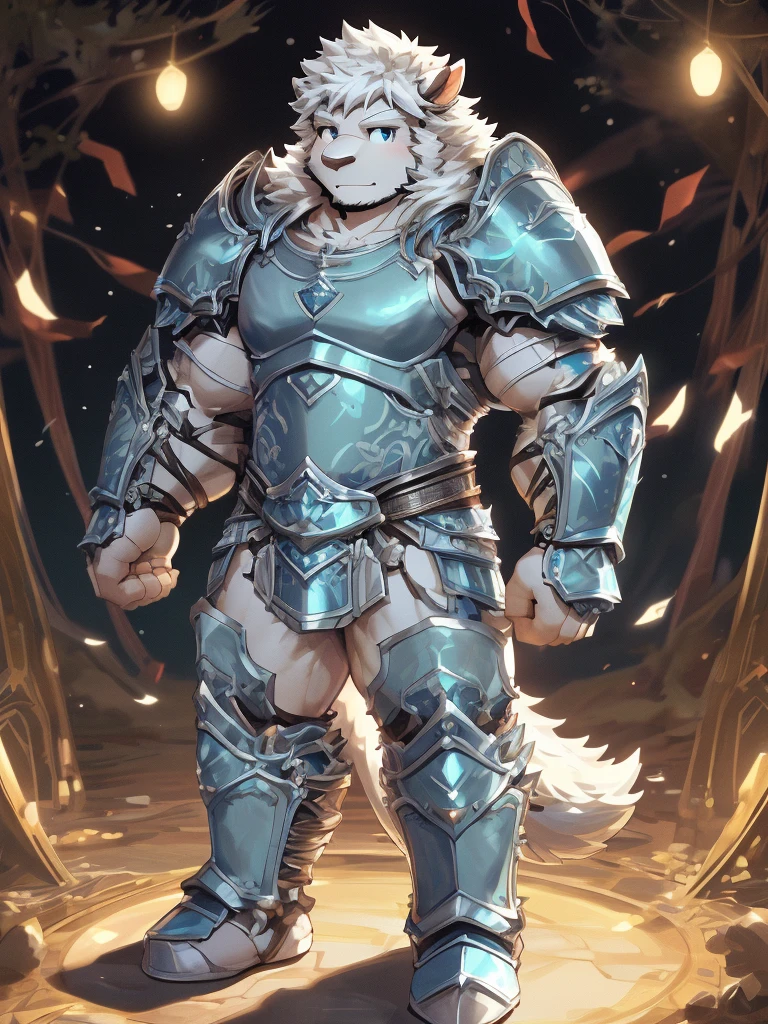 a furry sheep, white fur, long hair, slim fit, fit build, paladin, ((white sheep), ((blue paladin armor)), full body, ikemen, handsome, young, young man, muscular, long silky hair, detailed full body, commission for high res, tall,
