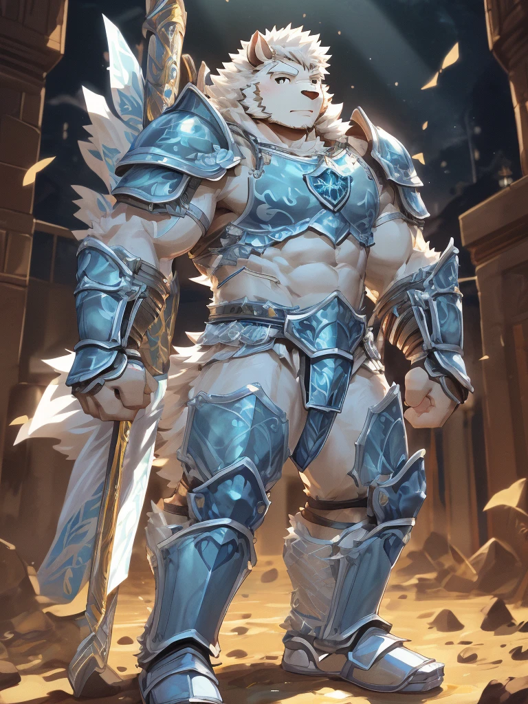 a furry sheep, white fur, long hair, slim fit, fit build, paladin, ((white sheep), ((blue paladin armor)), full body, ikemen, handsome, young, young man, muscular, long silky hair, detailed full body, commission for high res, tall, 