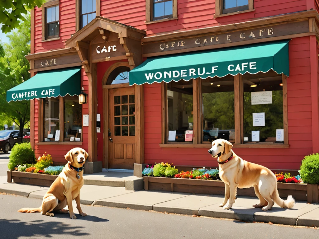 Here is the updated English prompt for an image generation AI to create the exterior view of the therapy dog CAFE "Wonderful Wanda" with the requested dog breeds:
Please generate an exterior view of the therapy dog CAFE "Wonderful Wanda".
Building:
- A warm, wooden building
- Brown, wood-grain exterior
- Green trees surrounding the building
Signage:
- Colorful signs hanging on the building
- The cafe's name, "Wonderful Wanda," is written on the signs
- The signs use vibrant colors such as red, blue, and yellow
Entrance:
- Two therapy dogs, a Labrador Retriever and a Standard Poodle, are sitting and greeting customers
- The dogs have friendly expressions and are wagging their tails
Other details:
- A water fountain for dogs and benches around the building
- Flower beds and green spaces in front of the cafe
- Sunlight warmly illuminating the building
Overall atmosphere:
- Convey the impression of a warm, inviting cafe where people can interact with therapy dogs
- The wooden building, colorful signage, and welcoming therapy dogs at the entrance create a space of healing and relaxation
This prompt specifies concrete details such as the building materials, colors, signage design, types of therapy dogs (Labrador Retriever and Standard Poodle) at the entrance, background elements, and small objects, making it easier for the image generation AI to understand and create an image that aligns with the intended vision. It also mentions the overall atmosphere, instructing the AI to express the unique healing and relaxing environment of a therapy dog cafe.