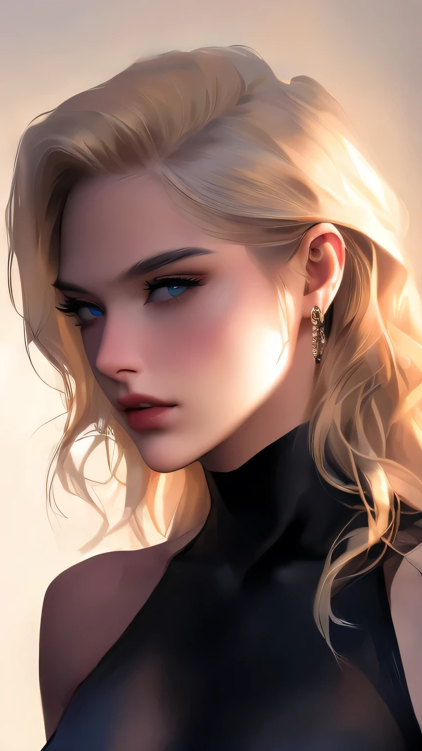 (8K, RAW Photos, 最high quality, masterpiece), 超High resolution, (Realistic, photo-Realistic), 1 Girl, emotionless, alone, Blonde long wavy hair, black eye, Professional Lighting, Detailed lighting, Backlight, Written boundary depth, Natural light, Sharp focus, Professional photography, Beautiful Eyes, Realistic eyes, Detailed Shadows, CG games, Cosplay, (Black leotard with white lines), Leotard with arm rings､exterior, Crown, masterpiece, 最high quality, high quality, High resolution､((Upper body portrait)))、Click here for the gaze、sexy､Big Tits