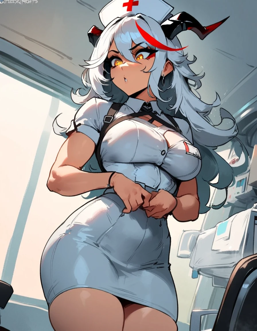 1girl, aegir \(azur lane\), azur lane \\\\\ masterpiece, best quality, very aesthetic, absurdres, newest \\\\\\ sportive body,  \\\\\\ by nyantcha,,by cutesexyrobutts,by khyle ///// silvery white hair with a single prominent red streak, black horns, yellow eyes,  , hospital , (nurse outfit:1.2), skirt, standing, pencil skirt, nurse cap
