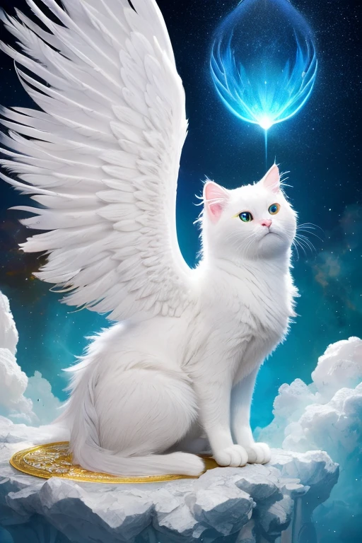 8k, Fluffy White Angel cat perched upon golden bejeweled tower in a heavenly utopian city, huge feathery angel wings, glowing nebula eyes, white flowing clouds, ivory armor with diamond gem inlay, trending on artstation, sharp focus, studio photo, intricate details, highly detailed, by tim burton