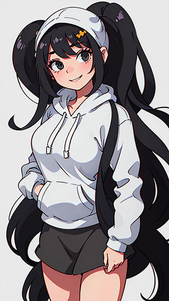cute girl with long black hair in a bun wearing an oversized grey hoodie smiling shyly. White background. fullbody. no clipping. 