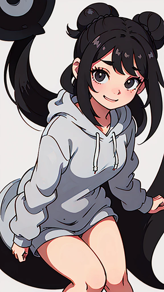 cute girl with long black hair in a bun wearing an oversized grey hoodie smiling shyly. White background. fullbody. no clipping.