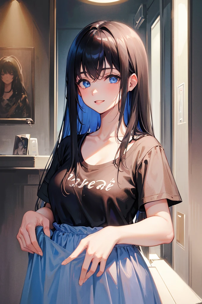 ８K, Highest quality, masterpiece, Ultra-detailed、Straight Hair、Shiny Hair、Black Hair、Medium Hair、full lips、Blue Eyes、１８Year-old beauty、Portrait、In front of the elevator、smile、T-Shirts、