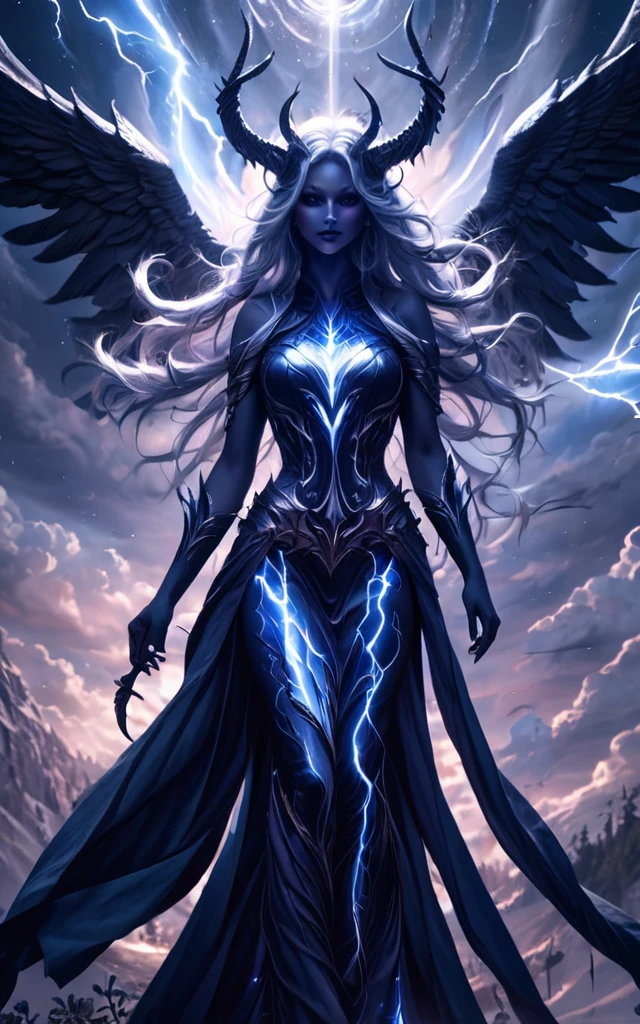 Full body shot, Demoness, busty, ((highest quality)),(ultra high resolution),(Super detailed),(detailed description),((best CG)),(best work of art),super precision art,amazing drawing art,(Fantasy art with intricate detail:1.5), A spear of light that pierces heaven and earth,Lightning emanating from the aurora cuts through the night sky,Angels blowing the trumpets of the end