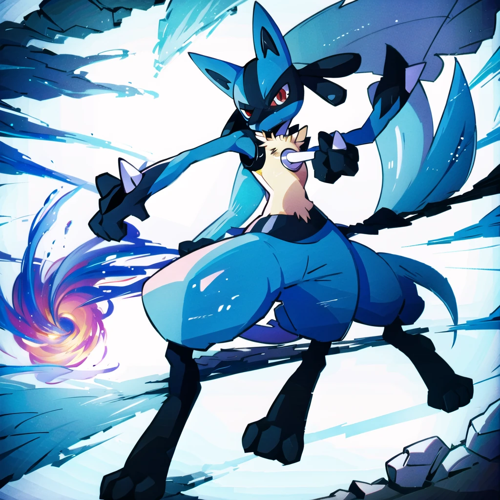 (masterpiece, best quality:1.2),solo,lucario \(pokemon\),pokemon \(creature\),full body,no humans, red eyes, spikes, wolf, medium muzzle, pokemon, blue fur, ocean