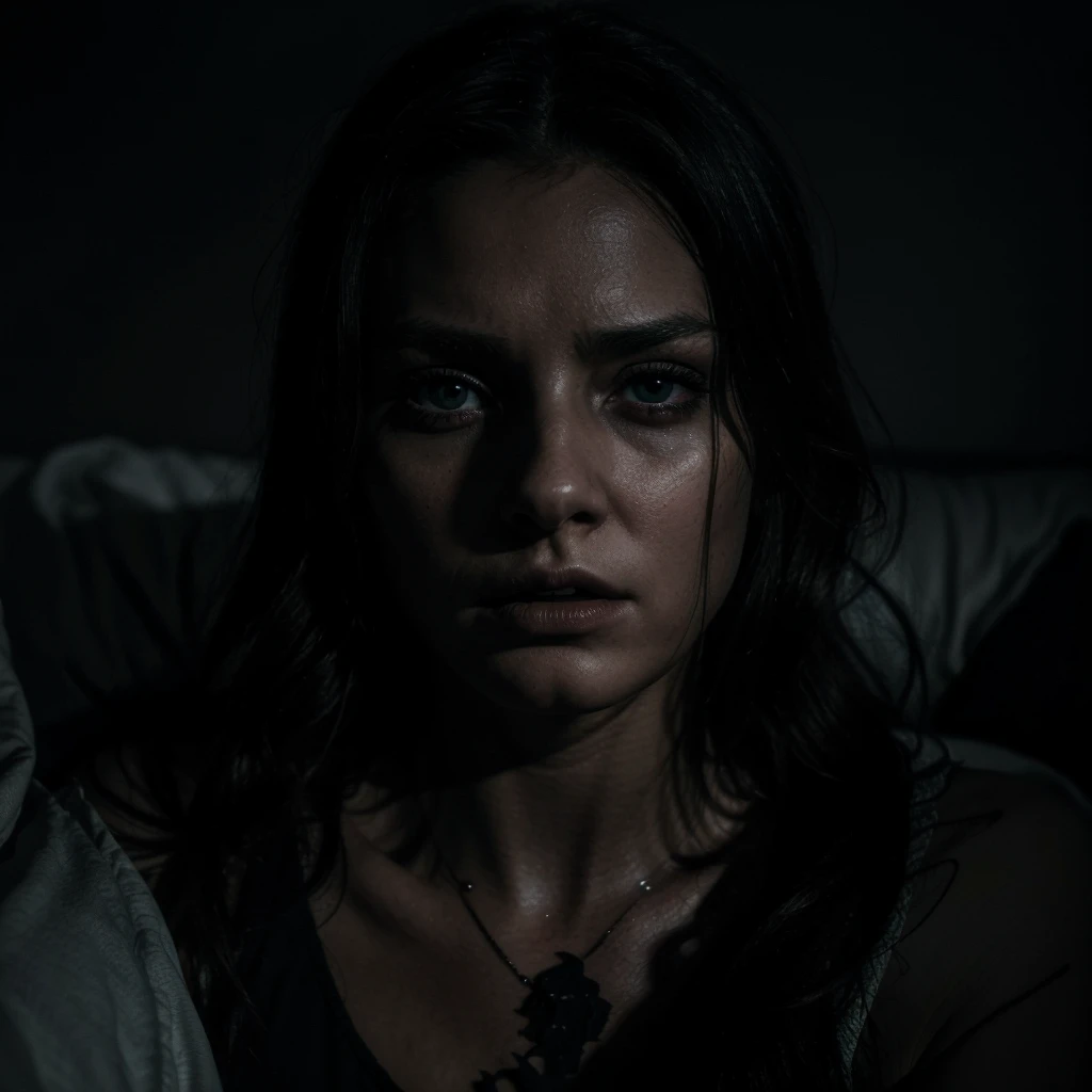 a possessed girl on a bed, horrors, dark supernatural, eerie, chiaroscuro lighting, dramatic shadows, intense emotions, shivering fear, unsettling atmosphere, (best quality,4k,8k,highres,masterpiece:1.2),ultra-detailed,(realistic,photorealistic,photo-realistic:1.37),dark fantasy art, gothic, moody colors, dramatic lighting, visceral, cinematic composition