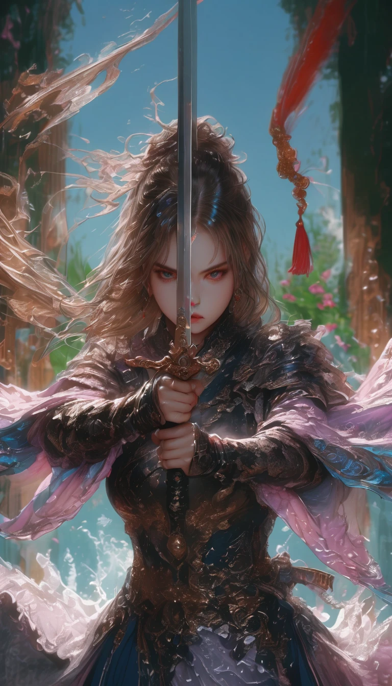 Full body shot, a beautiful female warrior in a cheongsam, dynamic fighting pose, long flowing hair blowing in the wind, realistic digital painting, cinematic lighting, highly detailed, fantasy art, vivid colors, 8k, photorealistic, dramatic, powerful, muscular, graceful, elegant, swordsman, female sworsman