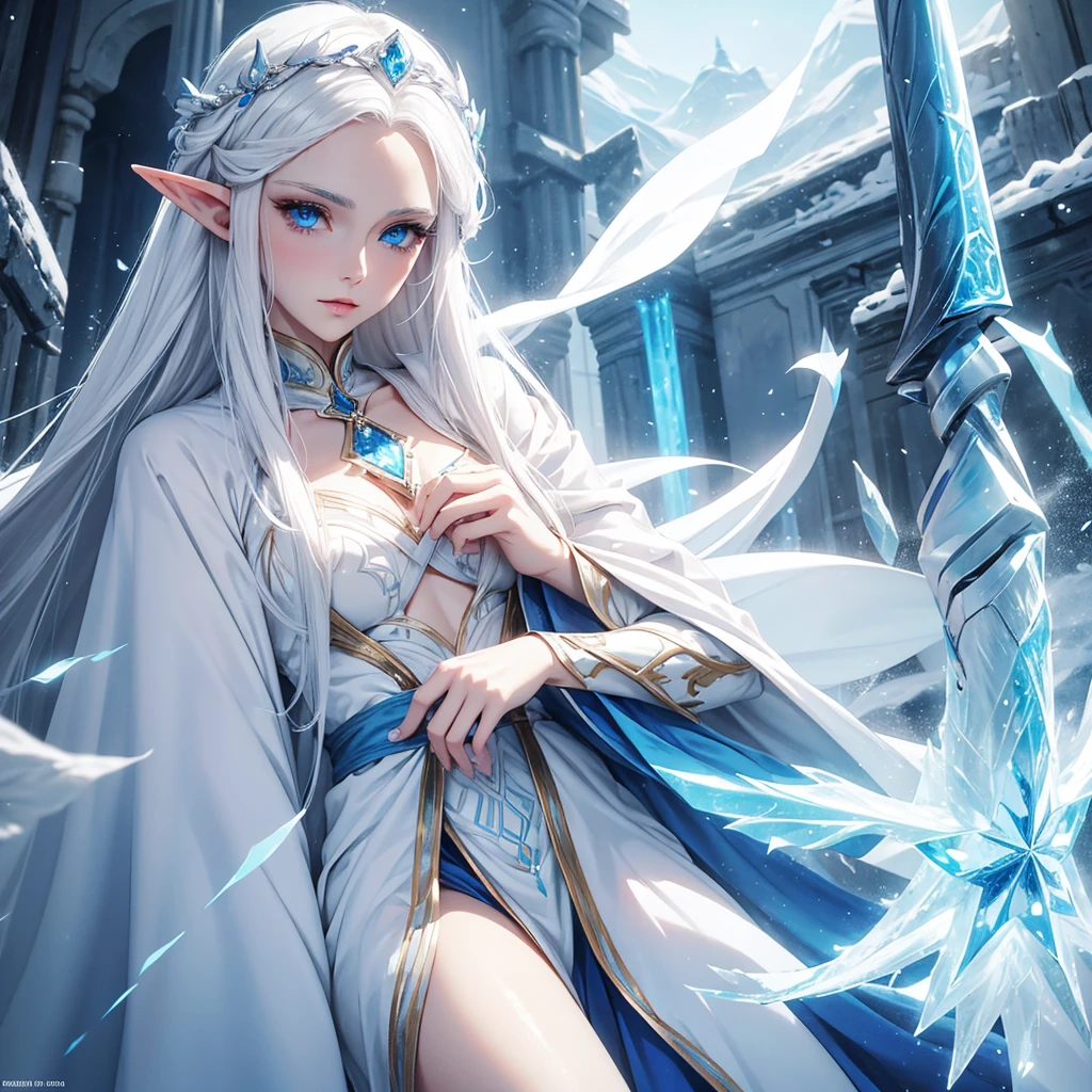A female elf with white hair, blue eyes, beauty face, white skin. Wearing grand and elegant cloak, holding ancient wand. Her hair covering one of her eyes and icy gaze.