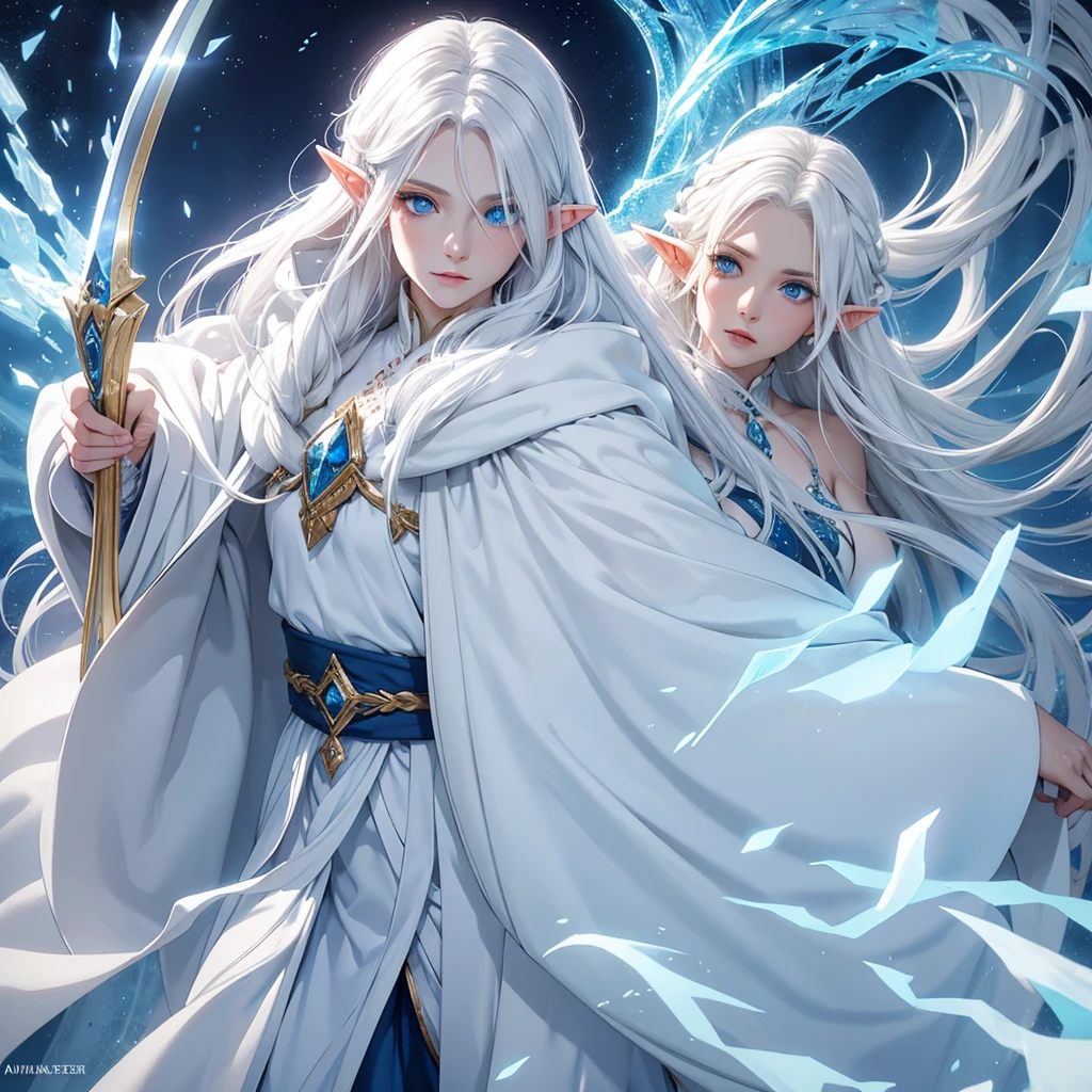 A female elf with white hair, blue eyes, beauty face, white skin. Wearing grand and elegant cloak, holding ancient wand. Her hair covering one of her eyes and icy gaze.
