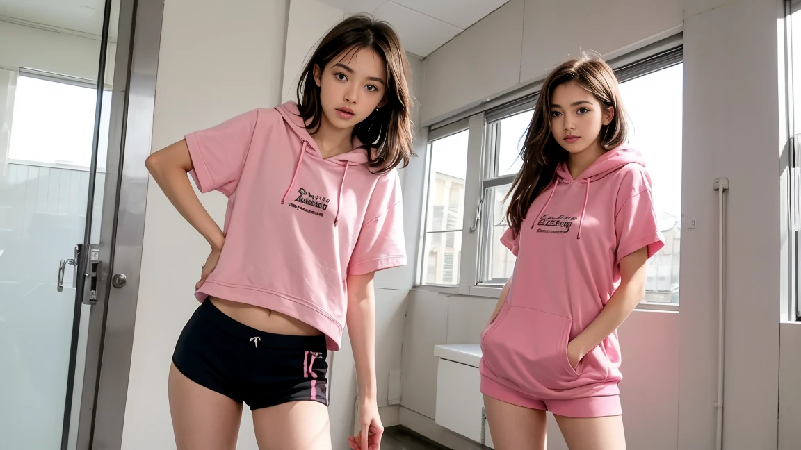 deux femmes ensemble de 18 ans sexy et mince , pink short sleeve hoodie , jambe visible , se touche,salle de classe,position sensuel
