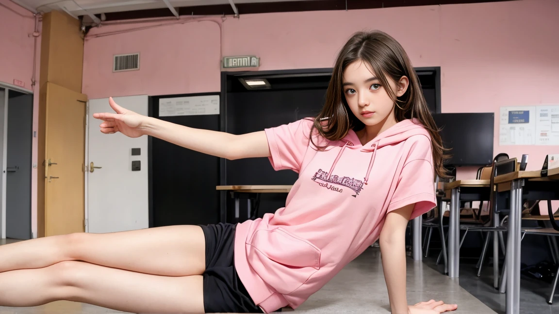 deux femmes ensemble de 18 ans sexy et mince , pink short sleeve hoodie , jambe visible , se touche,salle de classe,position sensuel