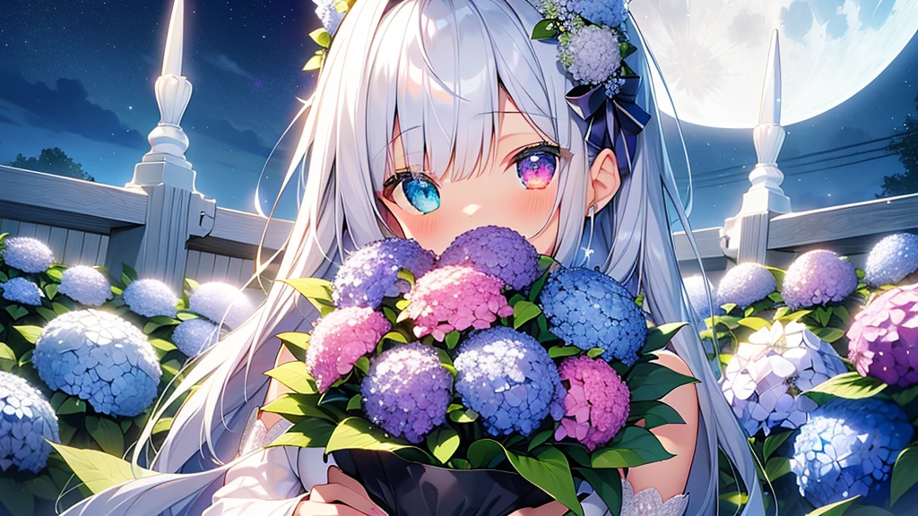 Best quality、Photorealistic、Ultra-detailed、delicate、Orderly、High Detail、Bluish Silver Short Bob、(Drooping heterochromia iris,glowing eyes、Sparkling Eyes:1.3)、slender、(One girl:1.2)、(moon、night、Night Sky、Dark Night、Glowing Hydrangea、Mysterious Light、A girl holding a bouquet of hydrangeas:1.3)、Ambient Occlusion、Ambient Light、Ray-traced Reflections、Glow、Shiny Hair、