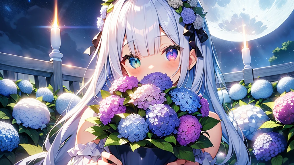 Best quality、Photorealistic、Ultra-detailed、delicate、Orderly、High Detail、Bluish Silver Short Bob、(Drooping heterochromia iris,glowing eyes、Sparkling Eyes:1.3)、slender、(One girl:1.2)、(moon、night、Night Sky、Dark Night、Glowing Hydrangea、Mysterious Light、A girl holding a bouquet of hydrangeas:1.3)、Ambient Occlusion、Ambient Light、Ray-traced Reflections、Glow、Shiny Hair、

