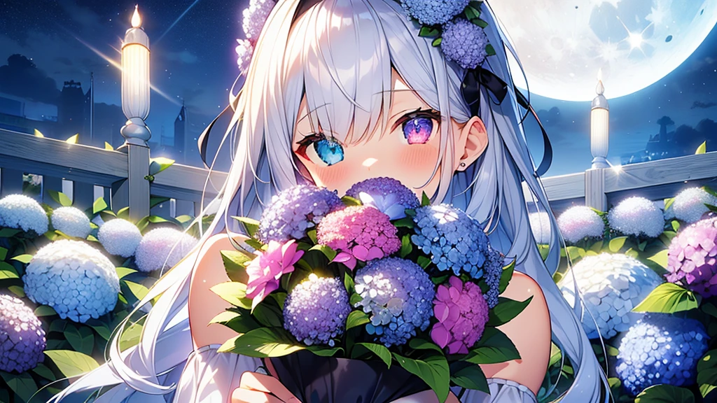 Best quality、Photorealistic、Ultra-detailed、delicate、Orderly、High Detail、Bluish Silver Short Bob、(Drooping heterochromia iris,glowing eyes、Sparkling Eyes:1.3)、slender、(One girl:1.2)、(moon、night、Night Sky、Dark Night、Glowing Hydrangea、Mysterious Light、A girl holding a bouquet of hydrangeas:1.3)、Ambient Occlusion、Ambient Light、Ray-traced Reflections、Glow、Shiny Hair、
