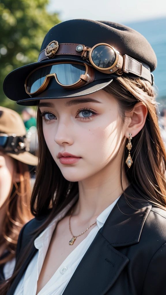 steampunk, hat, brown_hair, looking_at_viewer, jewelry, earrings, goggles, outdoors, multiple_girls, multiple_boys, aircraft, blurry, dress, lips, mole, realistic, blue_eyes, solo_focus, sky, 2girls, crowd, goggles_on_headwear