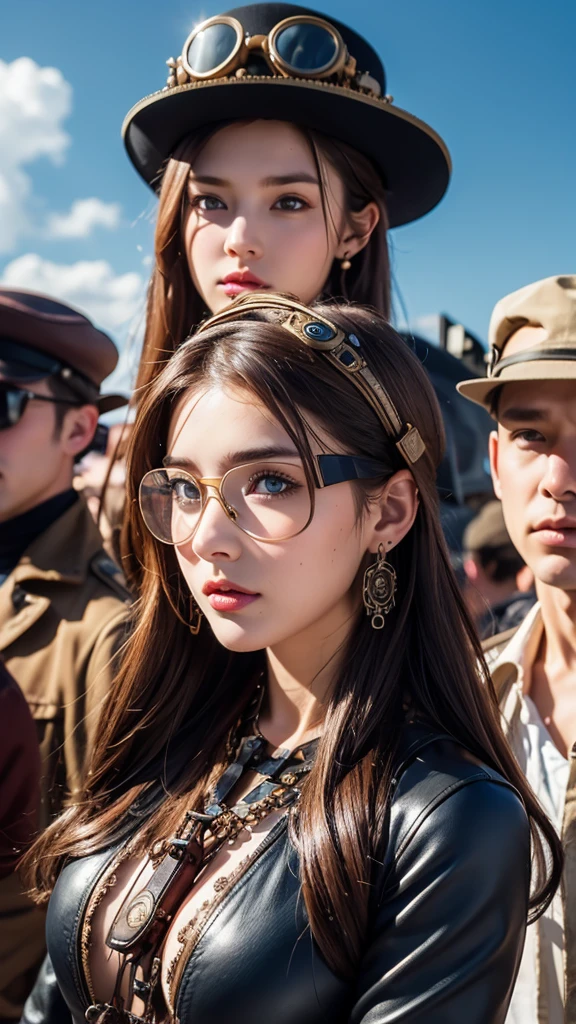 steampunk, hat, brown_hair, looking_at_viewer, jewelry, earrings, goggles, outdoors, multiple_girls, multiple_boys, aircraft, blurry, dress, lips, mole, realistic, blue_eyes, solo_focus, sky, 2girls, crowd, goggles_on_headwear