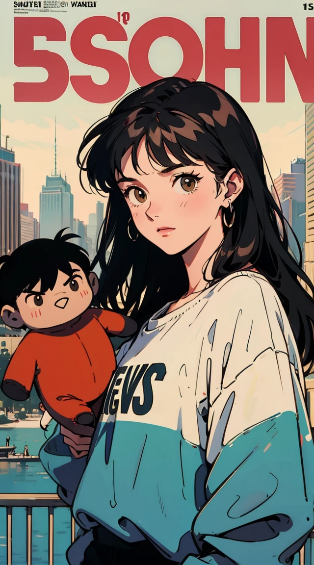 Best image quality, 1980s style animation, 21 year old girl, black hair, long hair, light brown eyes,  With a baggy sweatshirt, magazine cover, whole body , city , posing, With a cute otter doll