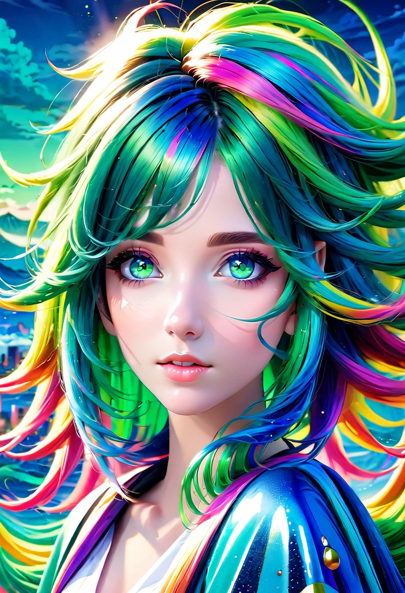 Green Hair,Blue Eyes,Multi-coloured hair, Surrealism, 8K, Super detailed, High resolution