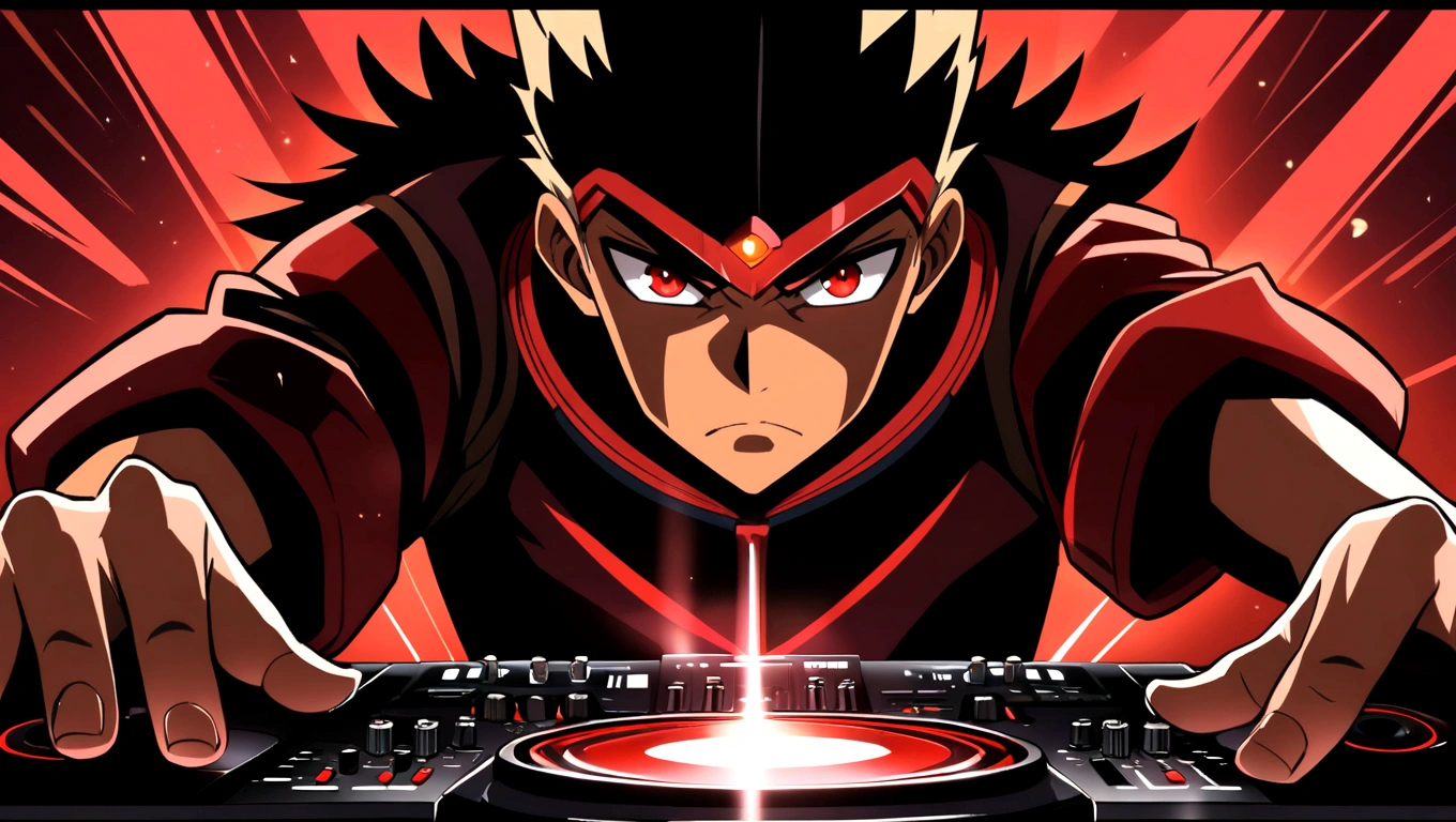 anime style, red eyed boy, dj, Hero, serious