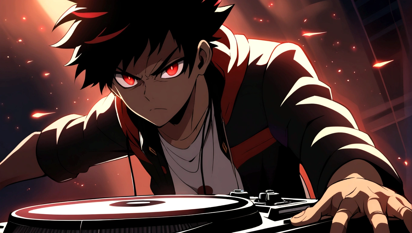 anime style, red eyed boy, dj, Hero, serious
