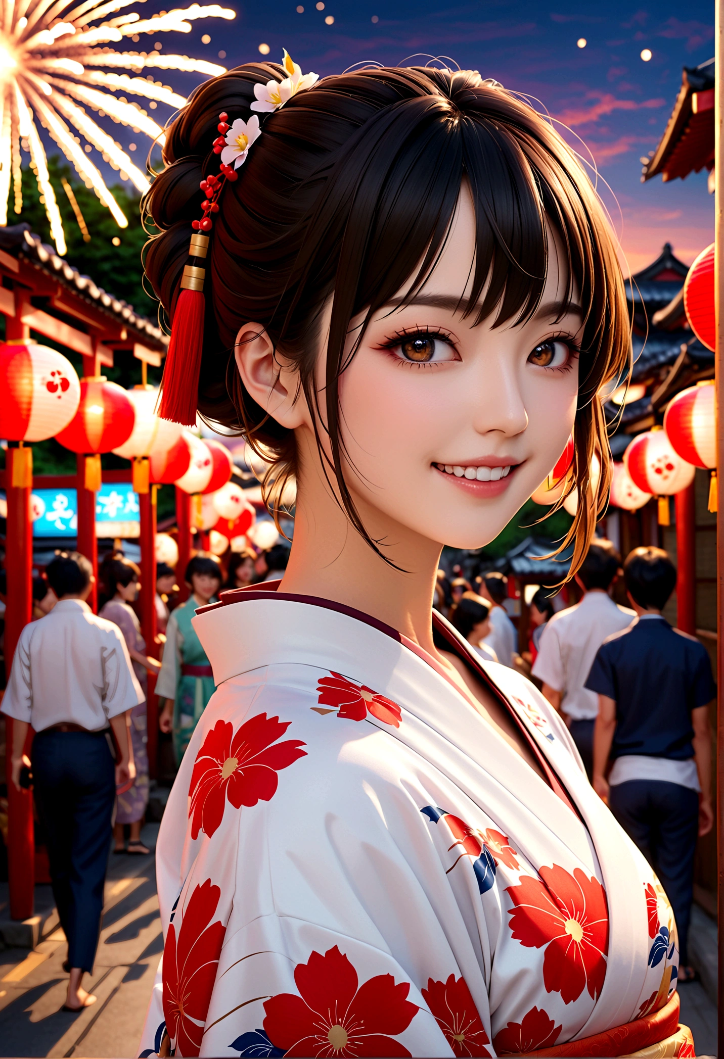 Top quality, 8K, masterpiece, Sharp focus, Beautiful Women in Perfect Shape, slim, (hairstyle: up)), kimono: Ganyu, street: 1.2 ,Highly detailed face,Skin Texture, Delicate eyes, Random pose, (Smile),super cute Japan person,super beauty Japanese girl, Realistic face, Double eyelids,Summer Day Festival , Sunset , Beautiful Teeth , Fireworks background.
