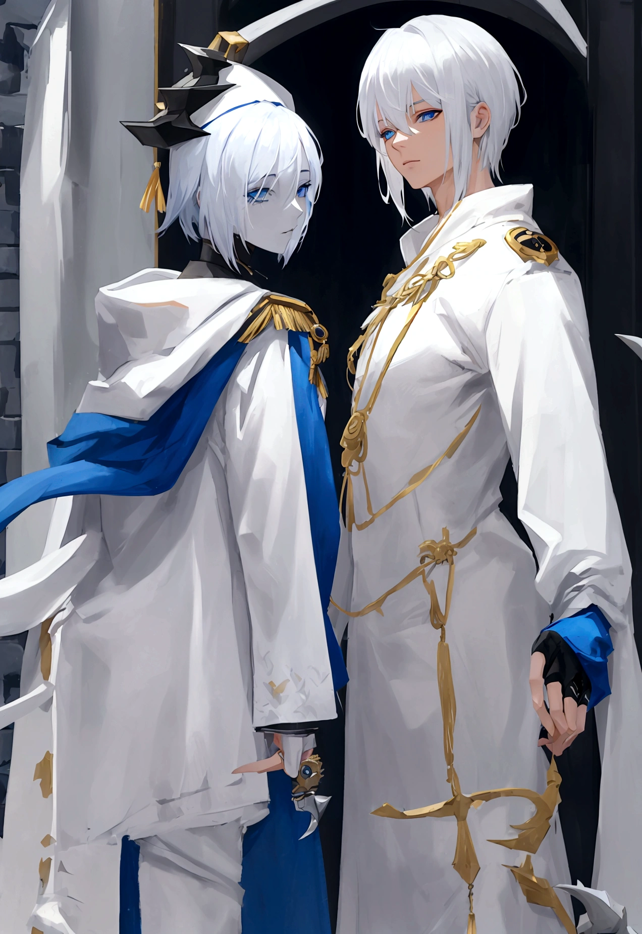 White hair, short hair, right eye is blue, left eye is gold, male, height 165cm, white shirt, blue hoodie, blue jeans, Blue-Eyes White Dragon in the background, kunai in left hand, admiral&#39;s hat in right hand