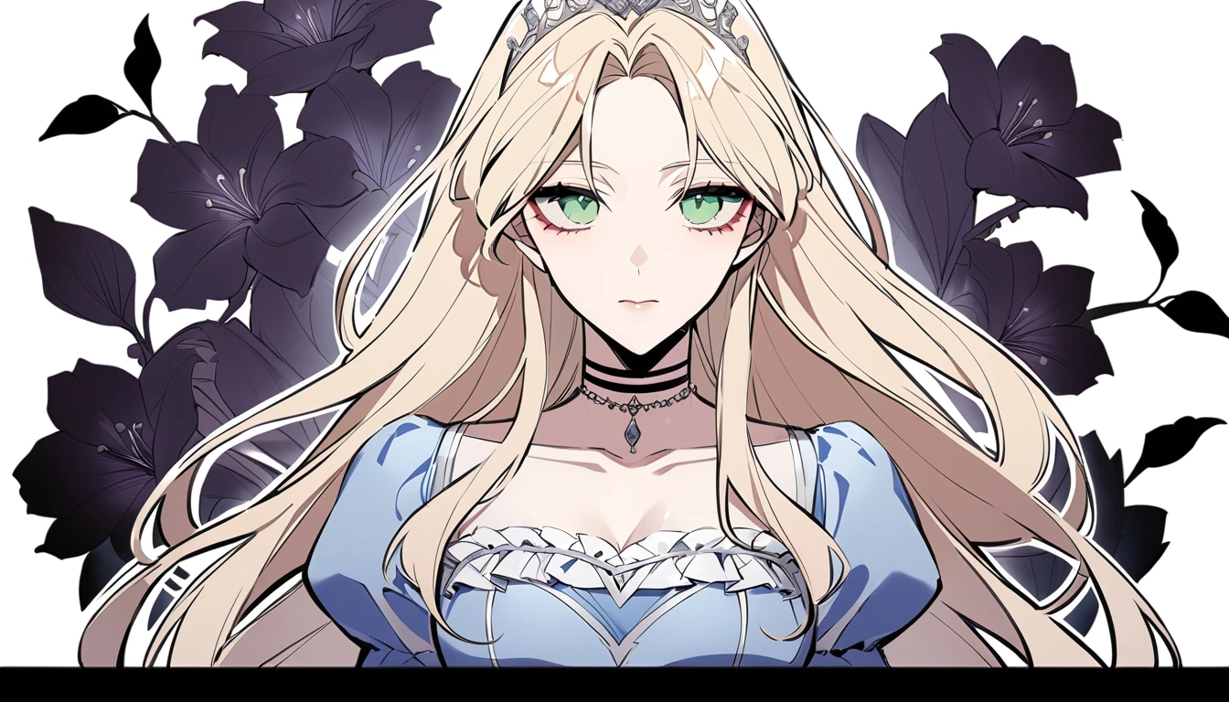 shoujo-style, floral background, romance manhwa, 1girl, blonde hair, solo, long hair, flower, dress, tiara, white dress, gloves, long sleeves, choker, green eyes, mascara, makeup, white gloves, black bow, black flower, wavy hair, bow, jewelry, looking at viewer, white background, collarbone, puffy sleeves, silver accessories, upper body, parted bangs, very long hair, blue dress, frills, bangs, closed mouth, detailed eyes, gleaming skin, shiny glossy skin